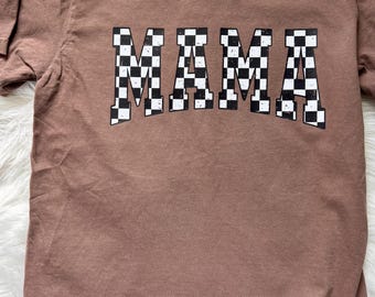 Kariertes Mama-Shirt in Komfortfarben, Espresso-Mama-Grafik-T-Shirt, Vintage-gewaschenes Mama-Shirt