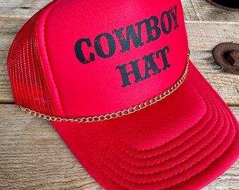 Red Cowboy Trucker Hat with Gold Chain Accent, Country Chic for Cowgirl Vibes