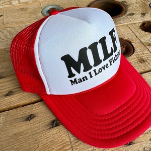 Retro Style MILF Man I Love Fishing Trucker Hat, Funny Cap for Women, Adjustable Snapback and Mesh, White Foam Front image 3