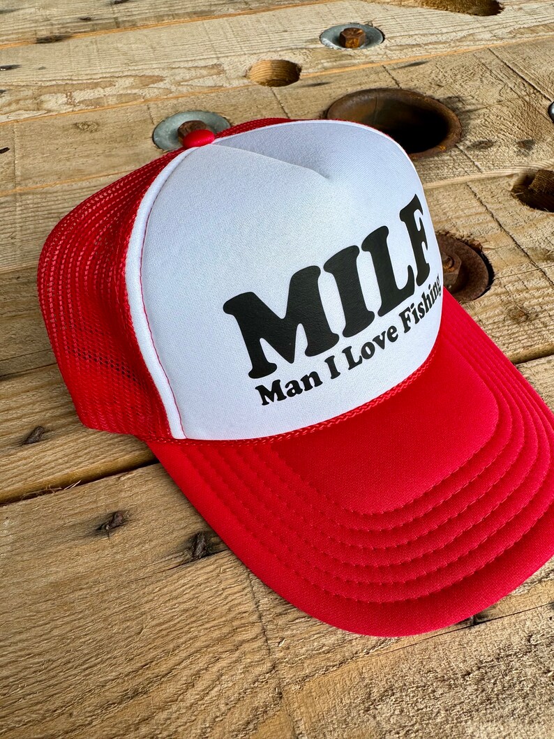 Retro Style MILF Man I Love Fishing Trucker Hat, Funny Cap for Women, Adjustable Snapback and Mesh, White Foam Front image 3