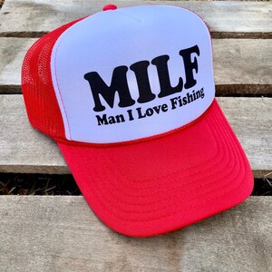 Retro Style MILF Man I Love Fishing Trucker Hat, Funny Cap for Women, Adjustable Snapback and Mesh, White Foam Front image 2