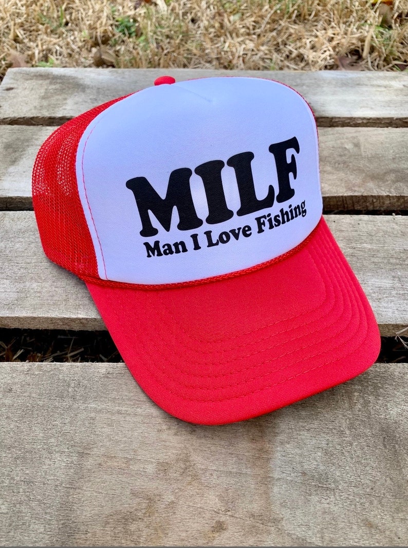 Retro Style MILF Man I Love Fishing Trucker Hat, Funny Cap for Women, Adjustable Snapback and Mesh, White Foam Front image 2