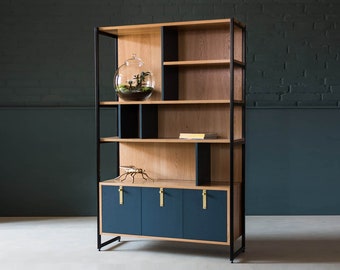 Oak Shelving Unit | Oak & Steel Bookcase | Oak Display Cabinet | Hague Blue | KODA