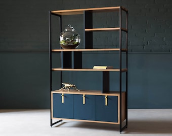 Oak Bookcase| Oak & Steel Shelving Unit | Oak Display Cabinet | Hague Blue | KODA