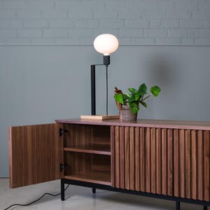 May include: A dark wood cabinet with two doors and a shelf inside. The cabinet has a black metal frame and legs. A small plant is sitting on top of the cabinet. A white globe lamp is on the wall behind the cabinet.