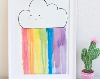 Happy Cloud Rainbow Rain Watercolour Painting
