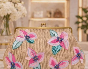 Clutch de ráfia com bordado floral e fecho de encaixe – Bolsa de noite grande