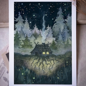 Rooted | Fine Art Print | Magical art, gold details, hand embellished, Mythology, Nature, Hygge, Folkore, Witch art, Forest