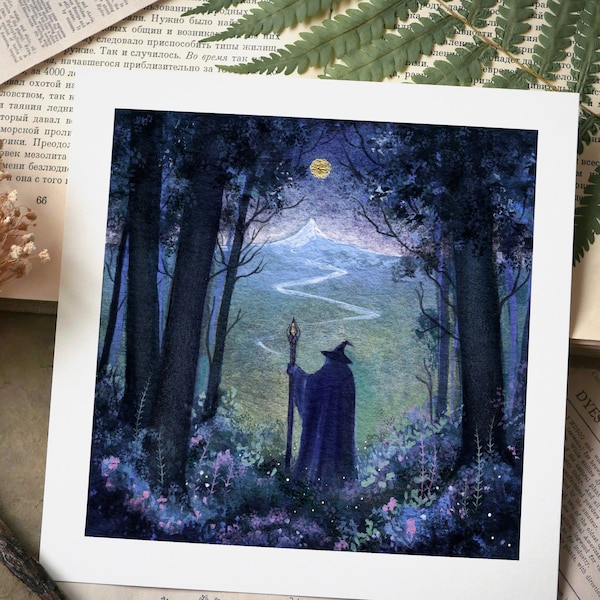 Midnight Wanderer | 8x8 Fine Art Print | Magical art, gold details, hand embellished, Fantasy art