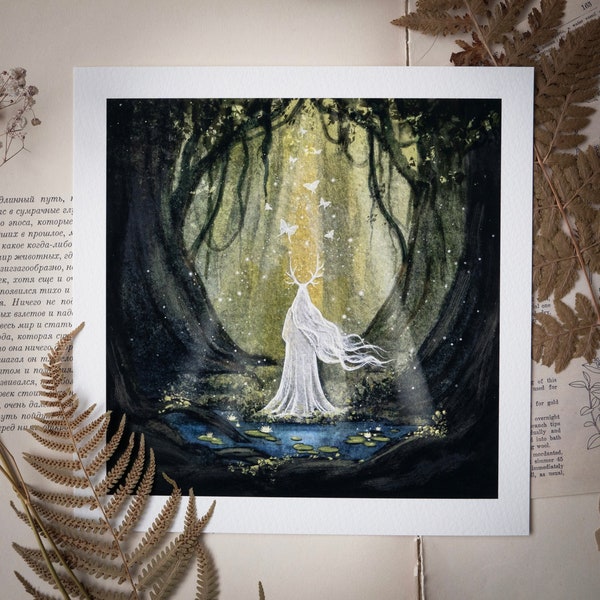 Awaking The Forest | 8x8" | Giclée Fine Art Print | Magical art, gold details, hand embellished, Mythology, Folklore, Fantasy