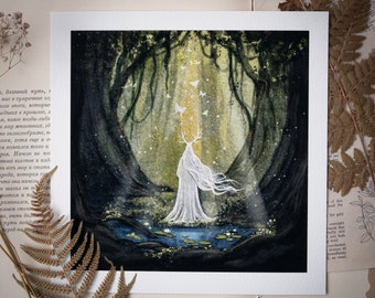 Awaking The Forest | 8x8" | Giclée Fine Art Print | Magical art, gold details, hand embellished, Mythology, Folklore, Fantasy