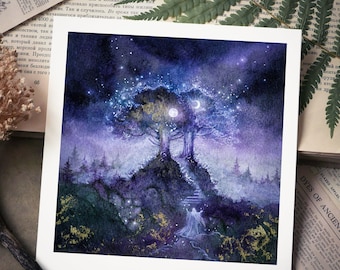 The Two Trees | 8x8 Fine Art Print | Magical art, gold details, hand embellished, Fantasy art