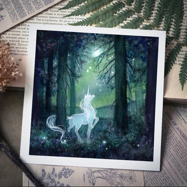 The Last Unicorn | 8x8 Fine Art Print | Magical art, gold details, hand embellished, Fantasy art