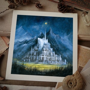 Tower of the Guard | 8x8 Fine Art Print | Magical art, gold details, hand embellished, Fantasy art