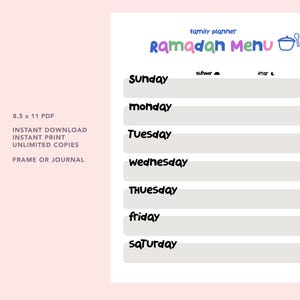 Puede incluir: Planificador de menú de Ramadán imprimible con una ilustración colorida de una olla y una cuchara. El planificador incluye un espacio para cada día de la semana para escribir planes de comidas para el suhoor y el iftar.