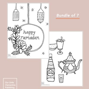 May include: A black and white coloring page set with seven images related to Ramadan. The images include lanterns, flowers, a teapot, a glass of water, a bottle of drink, and a plate of watermelon. The text "happy ramadan" is written in a circle.