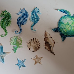 May include: A collection of sea-themed fabric appliques, including sea turtles, seahorses, starfish, seashells, and coral. The appliques are in shades of blue, green, and brown.