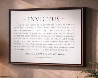 Invictus Poem Canvas Print, William Ernest Henley Quote, Inspirational Wall Decor, Office Art