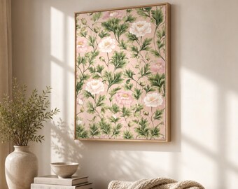 Floral Pattern Wall Art, Pink & Green Flower Print, Neutral Botanical Decor, Floral Canvas