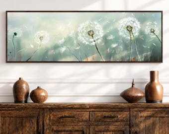 Dandelion Canvas Wall Art, Panoramic Nature Print, Botanical Puffball Wall Decor, Soft Green Landscape