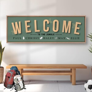 Welcome To The Jungle Family Sign, Funny Living Room Decor, Personalized Kids Names Wall Decor