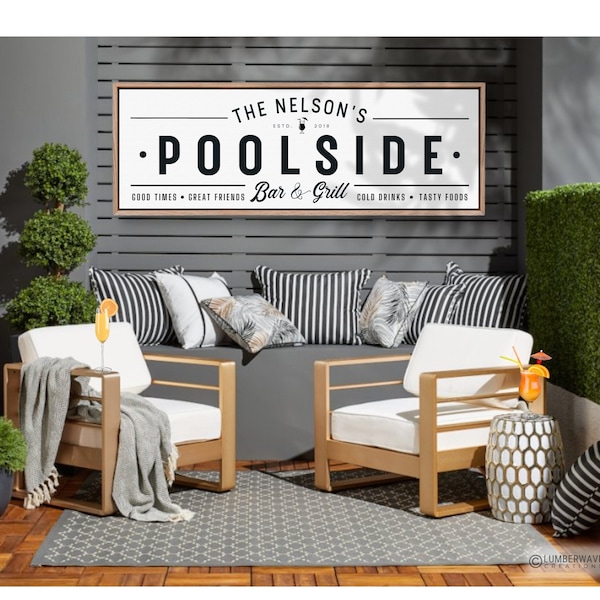 Poolside Bar And Grill Sign Pool Bar And Grill Sign For Patio Personalized Poolside Wood Framed Canvas Patio Sign Back Deck Wall Decor