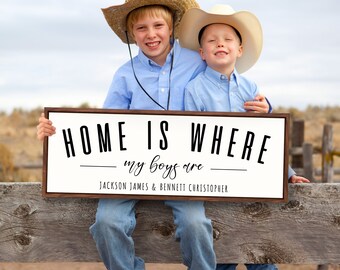 Home Is Where My Boys Are Sign Boy Mom Gift Modern Farmhouse Entryway Sign Custom Son Wall Decor Children First Names Wall Art Family Decor