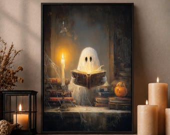 Ghost Reading Print, Halloween Wall Decor, Spooky Ghost Art, Dark Academia Canvas