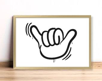 Letrero de mano Shaka para colgar, arte de pared con manos sueltas, decoración de pared de surf hawaiana, entrada costera, impresión colgante, decoración moderna para dormitorio, arte de pared de oficina
