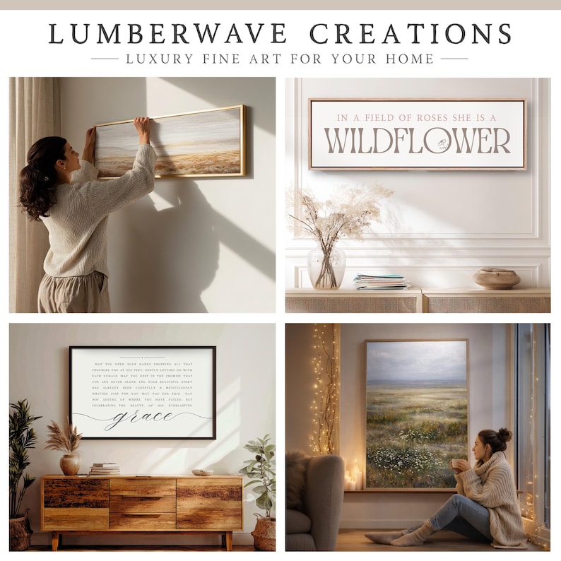 The image is a collage of four photos showcasing various pieces of furniture and decor in a home setting.