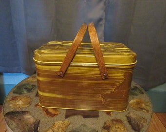 Vintage Metal Picnic Basket with Swing Wood Handles and Hinged Lid