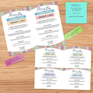 May include: A set of school picture day reminders with a colourful pencil border. The flyers state "Picture Day is Coming Soon!! January 1, 2000". Additional notes are included on the flyers.