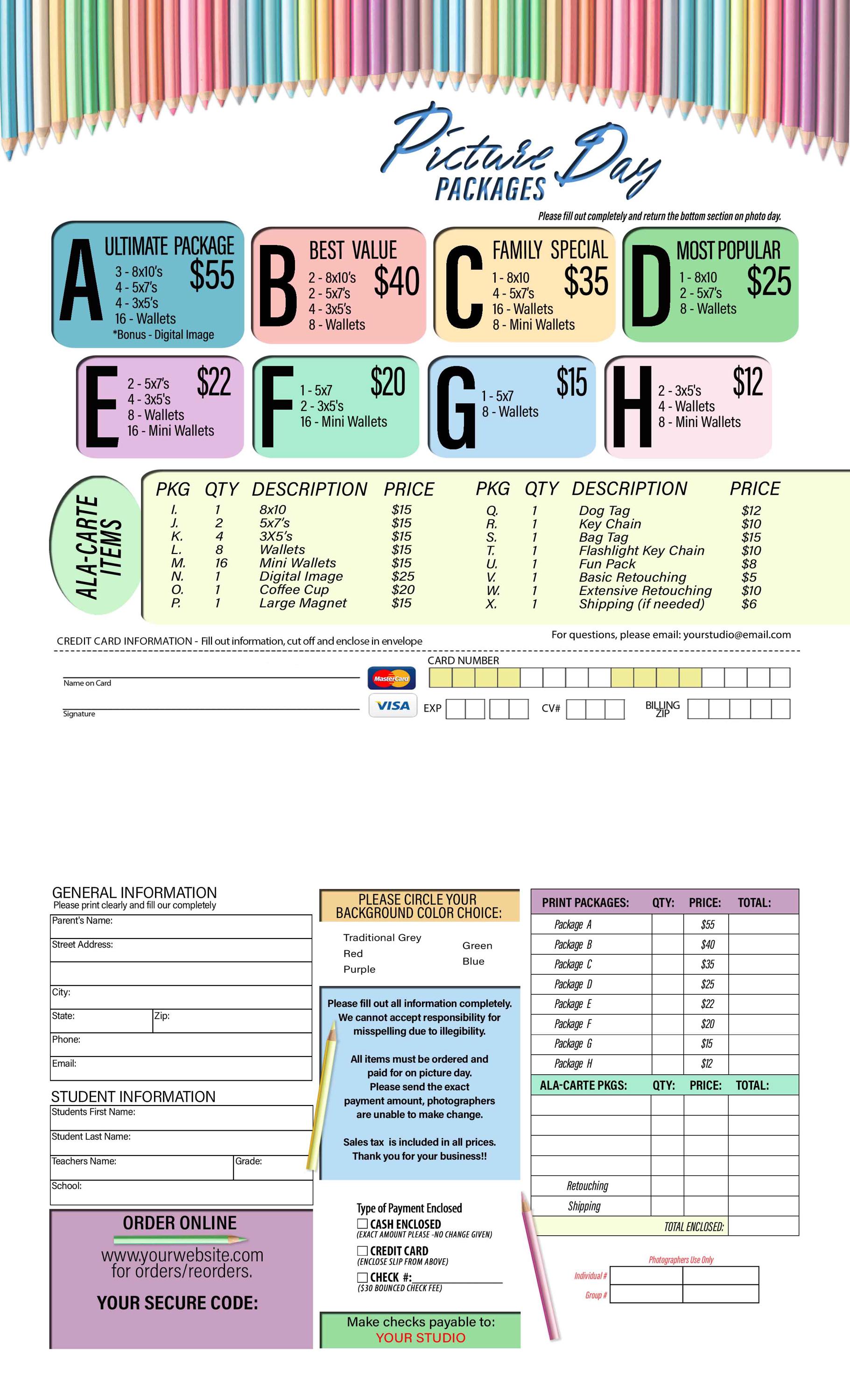 Picture Day Order Form, Pre-pay Fall School Portrait Order Form, School ...