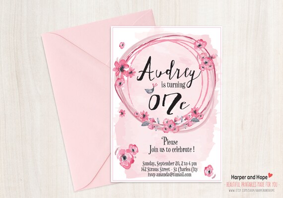 Pink Watercolors Audrey 1st Birthday Invitation Printable Etsy