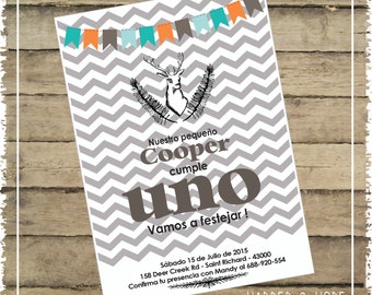 Invitaciones Cumpleaños Pequeño Cazador 1 - Chevron Gris - Para Imprimir en casa