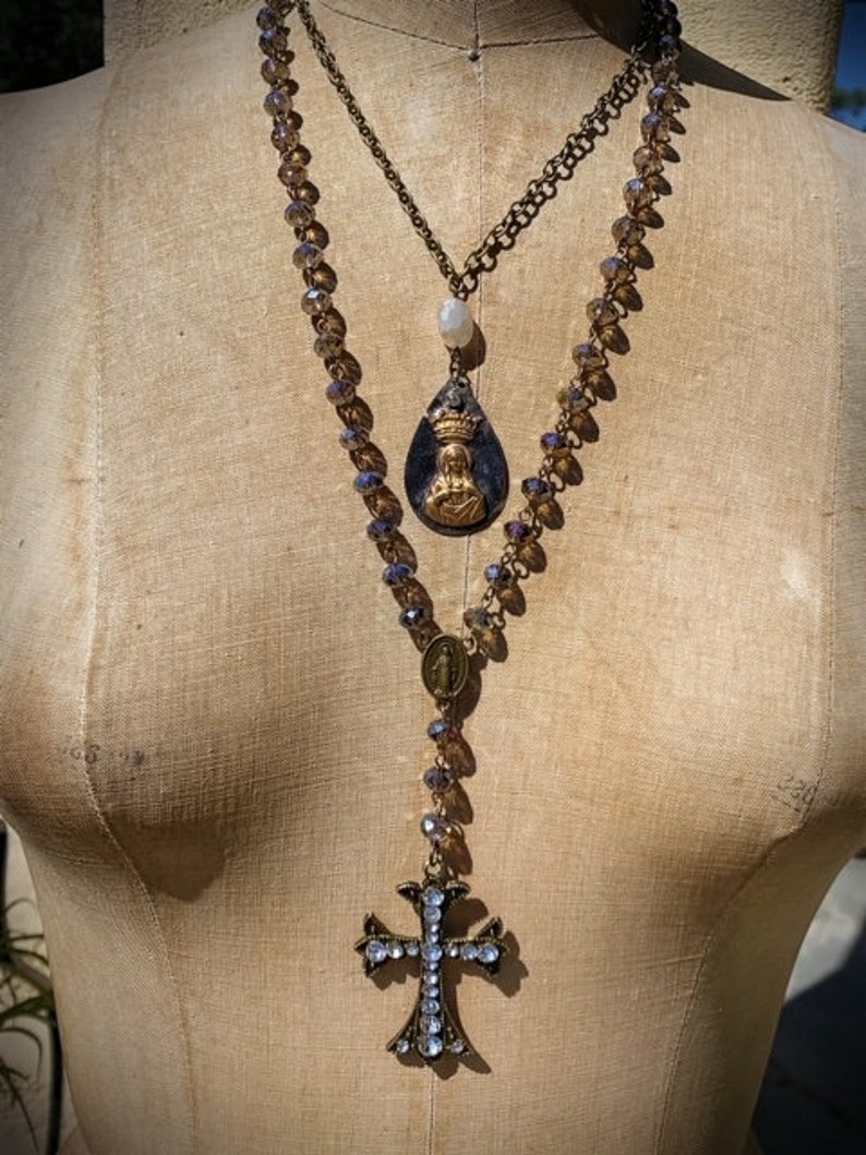 Bronze Cross Rosary 24/' Necklace /& Saint Mary Gold Pendant 19/' Necklace Designed by Petals Jewelry set, 2 necklaces