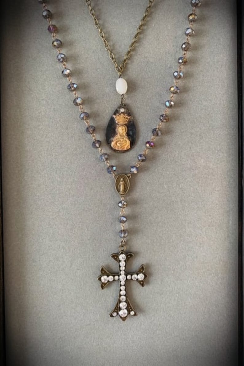 Bronze Cross Rosary 24/' Necklace /& Saint Mary Gold Pendant 19/' Necklace Designed by Petals Jewelry set, 2 necklaces