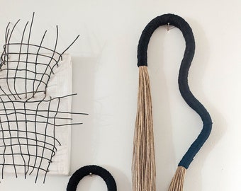 Squiggle wall art, wrapped wall hanging, modern minimalist black wall curve, wavy fiber art object, unique handmade gifts for the home