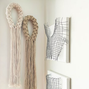 Fiber art wall tassel, large macrame sculpture, mid-century modern rope art, fiber tassel with long fringe, handmade sustainable home decor