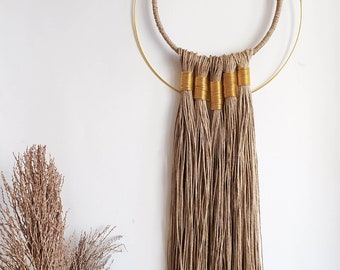 Fiber art wall hanging, large fringed wall art with gold accents, modern industrial wall tapestry, handmade textile wall decor, wall tassel