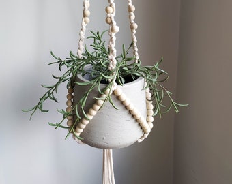 Macrame plant hanger with wooden beads and rings, ceiling hanging planter, interior bohemian plant holder, scandi, 70s retro vintage style