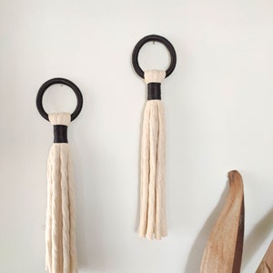 Black and white small wall hanging, Boho wall art, door knob tassel, Handle ornament, Decorative fiber art object, Handmade gifts for home