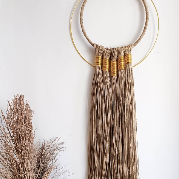 Fiber art wall hanging, large fringed wall art with gold accents, modern industrial wall tapestry, handmade textile wall decor, wall tassel