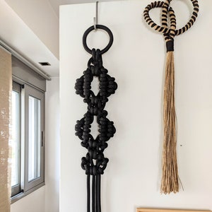 Black rope art, macrame decorative wall hanging, modern minimalist fiber wall sculpture, fibre art object, unique artisan gifts for the home