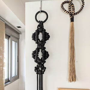 Black rope art, macrame decorative wall hanging, modern minimalist fiber wall sculpture, fibre art object, unique artisan gifts for the home