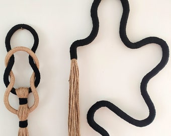 Fiber art wall sculpture, macrame love knot and curvy wall hanging, set of 2