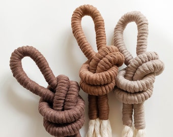 Decorative macrame wall hanging knots, modern wall art, soft wall sculpture in earthy warm neutral colors, unique artisan handmade accent