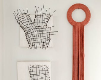 Rope wall art, wrapped wall hanging flat circle with long fringe, modern minimalist wall accent, fiber art object, unique handmade gifts