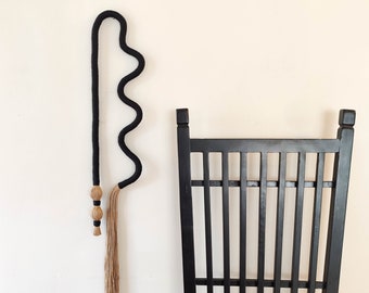 Large black squiggle wall art, long and narrow curvy wall hanging, modern minimalist fiber art object, unique creative home decor accent