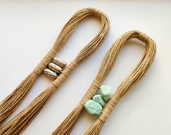 Decorative wall hangings with long hemp tassel and large silver beads or amazonite rough crystal stones, modern creative wall sculpture